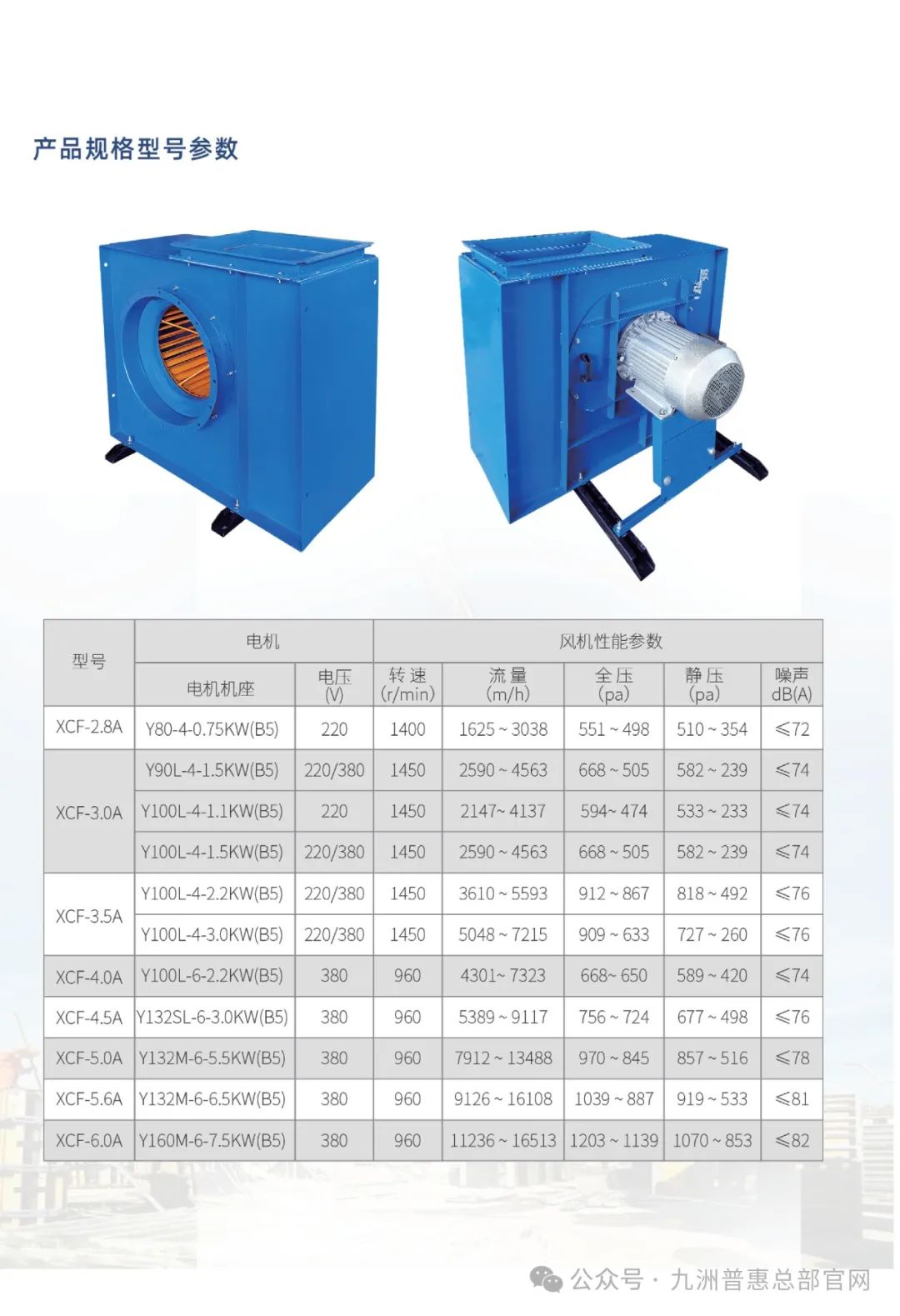 九洲普惠XCF系列(加棉型)多翼式離心通風(fēng)機型號參數(shù)